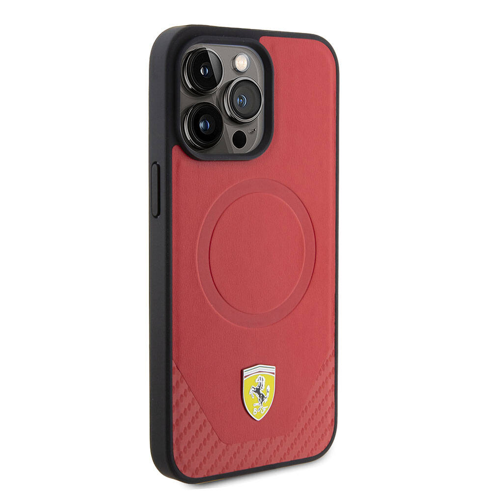 iPhone 15 Pro Kılıf Ferrari Orijinal Lisanslı M-safe Şarj Özellikli Metal Logolu PU Karbon Kılıf