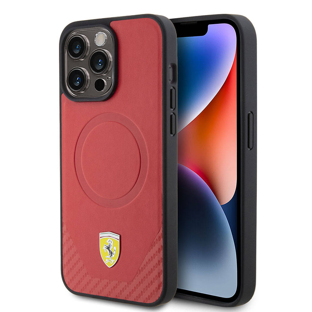 iPhone 15 Pro Kılıf Ferrari Orijinal Lisanslı M-safe Şarj Özellikli Metal Logolu PU Karbon Kılıf