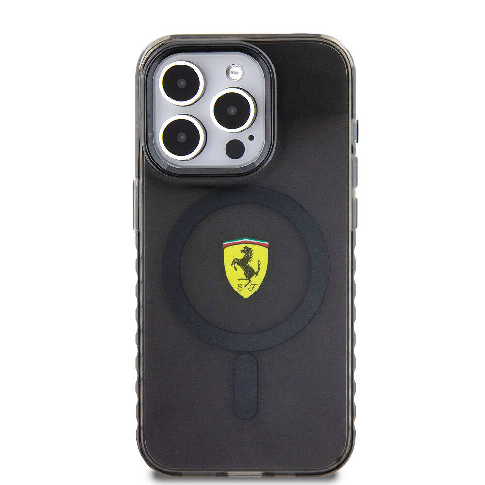 iPhone 15 Pro Kılıf Ferrari Orijinal Lisanslı M-safe Şarj Özellikli Tırtıklı Kenar Tasarımlı Ortalanmış Logo Kılıf