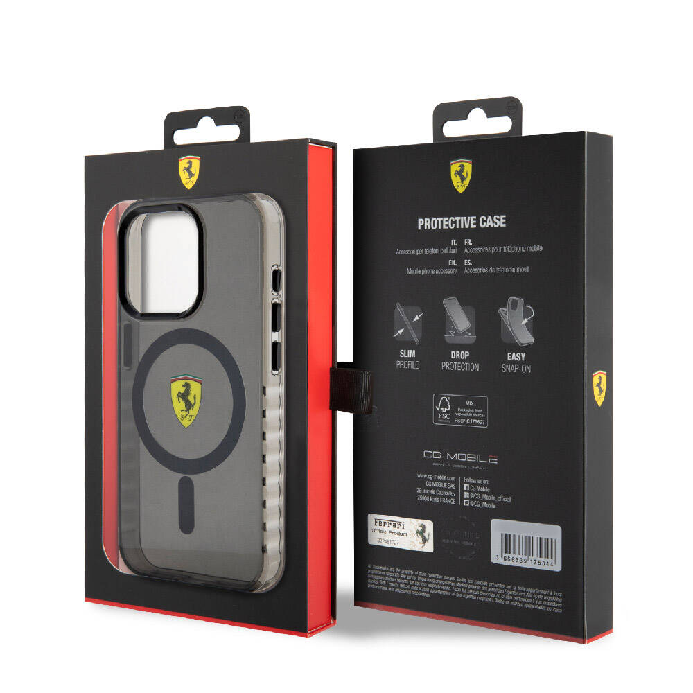 iPhone 15 Pro Kılıf Ferrari Orijinal Lisanslı M-safe Şarj Özellikli Tırtıklı Kenar Tasarımlı Ortalanmış Logo Kılıf