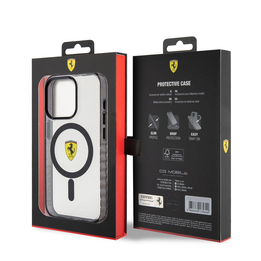 iPhone 15 Pro Kılıf Ferrari Orijinal Lisanslı M-safe Şarj Özellikli Tırtıklı Kenar Tasarımlı Ortalanmış Logo Kılıf