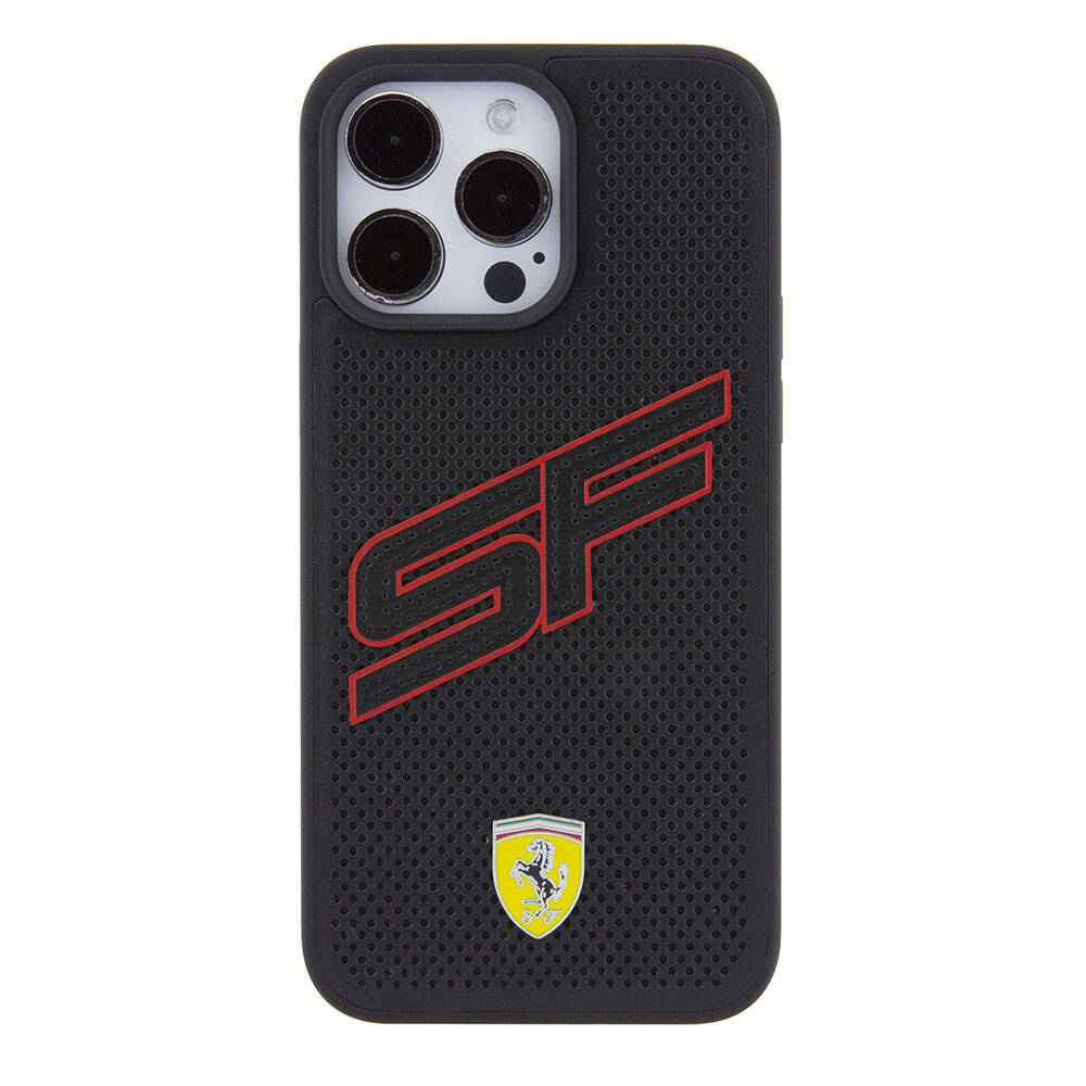 iPhone 15 Pro Kılıf Ferrari Orijinal Lisanslı PU Delikli Arka Yüzey Metal Logolu Dikişli Büyük SF Yazılı Kılıf
