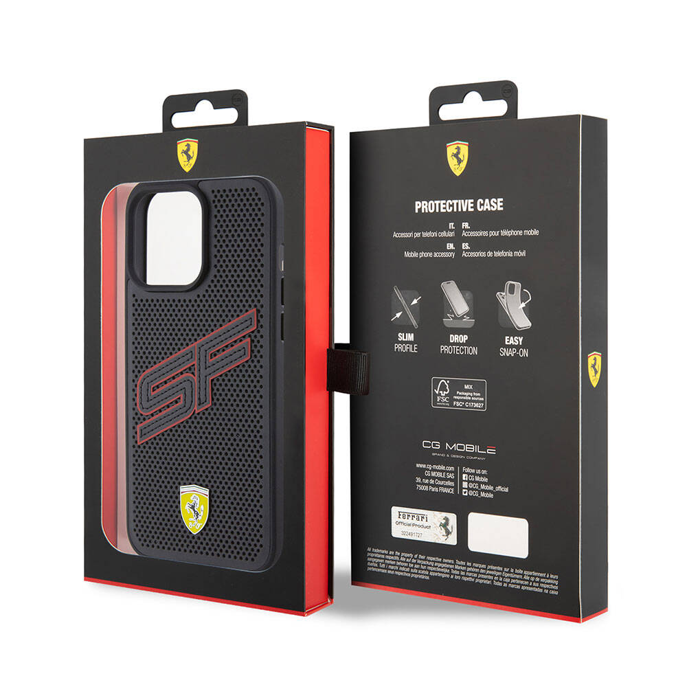 iPhone 15 Pro Kılıf Ferrari Orijinal Lisanslı PU Delikli Arka Yüzey Metal Logolu Dikişli Büyük SF Yazılı Kılıf
