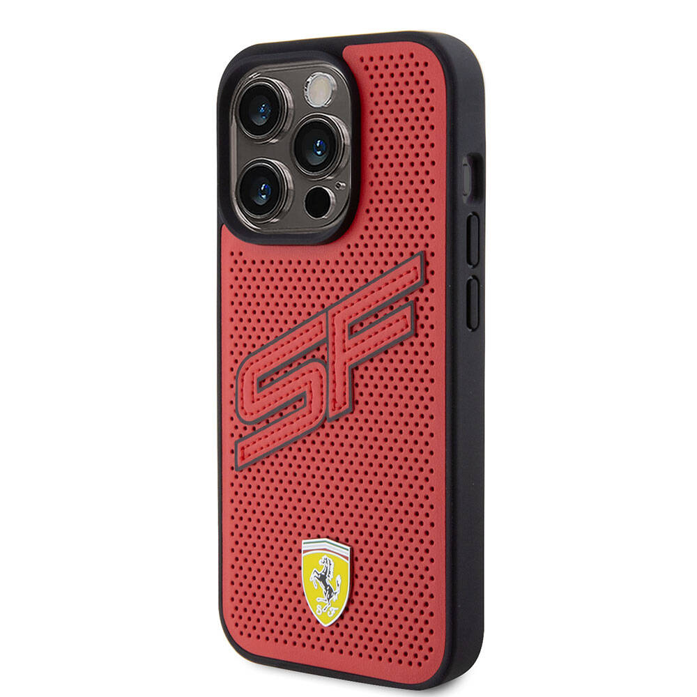 iPhone 15 Pro Kılıf Ferrari Orijinal Lisanslı PU Delikli Arka Yüzey Metal Logolu Dikişli Büyük SF Yazılı Kılıf