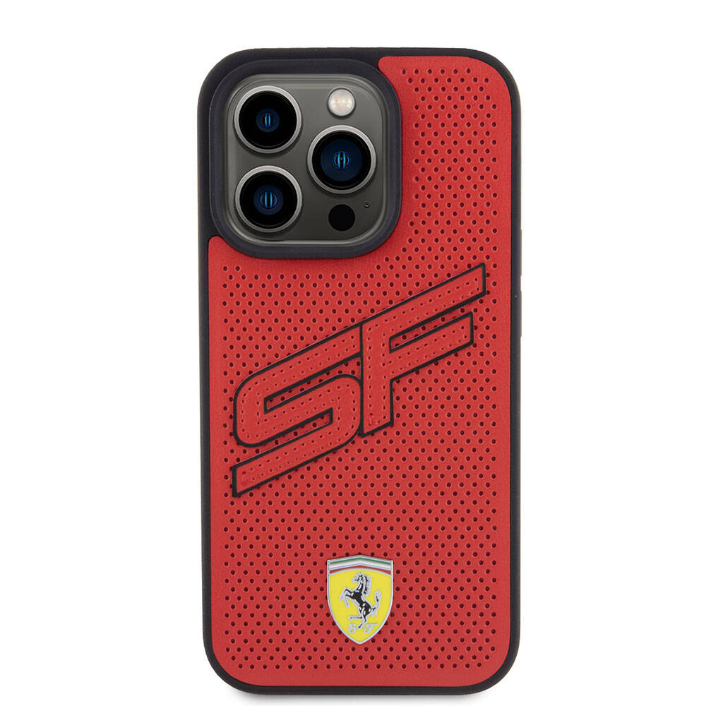 iPhone 15 Pro Kılıf Ferrari Orijinal Lisanslı PU Delikli Arka Yüzey Metal Logolu Dikişli Büyük SF Yazılı Kılıf