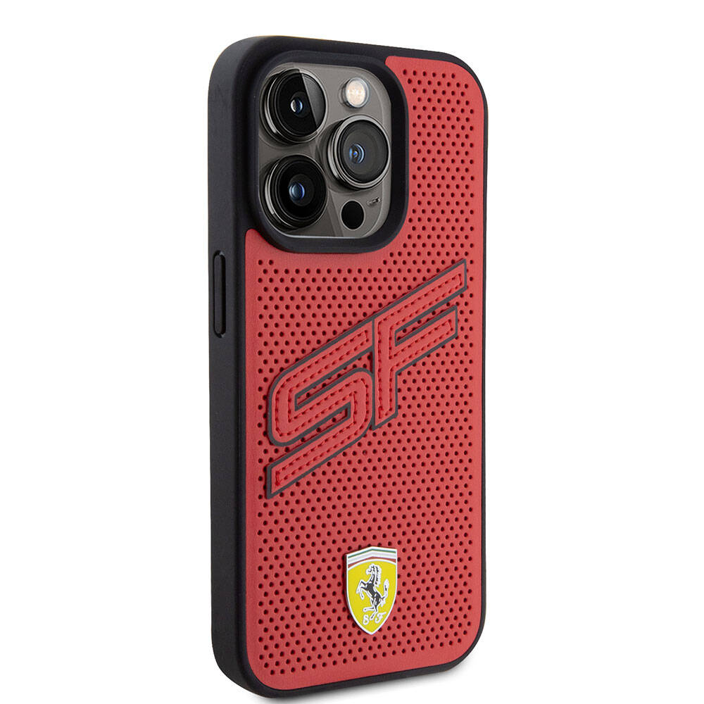 iPhone 15 Pro Kılıf Ferrari Orijinal Lisanslı PU Delikli Arka Yüzey Metal Logolu Dikişli Büyük SF Yazılı Kılıf