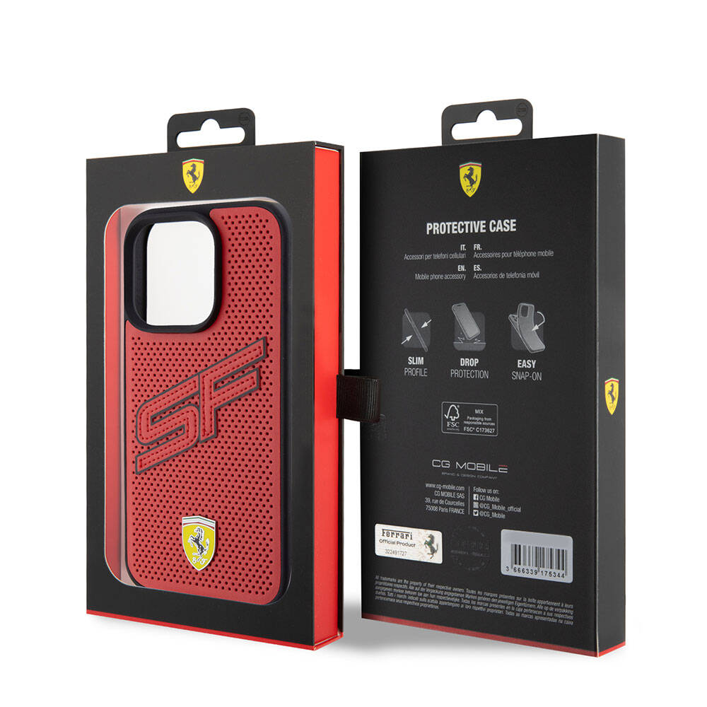 iPhone 15 Pro Kılıf Ferrari Orijinal Lisanslı PU Delikli Arka Yüzey Metal Logolu Dikişli Büyük SF Yazılı Kılıf
