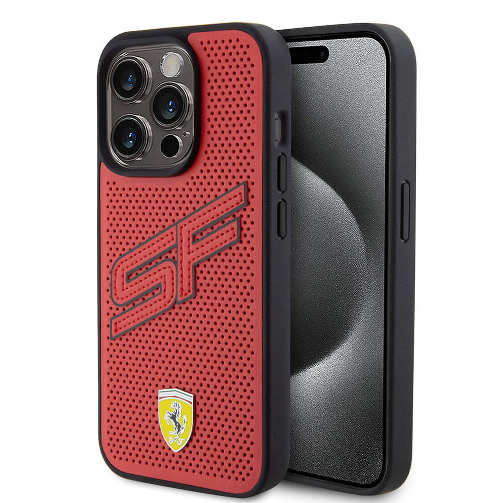 iPhone 15 Pro Kılıf Ferrari Orijinal Lisanslı PU Delikli Arka Yüzey Metal Logolu Dikişli Büyük SF Yazılı Kılıf