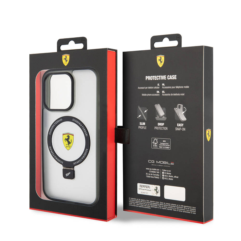 iPhone 15 Pro Kılıf Ferrari M-safe Şarj Özellikli Standlı Buzlu Yüzey Dizayn Kılıf