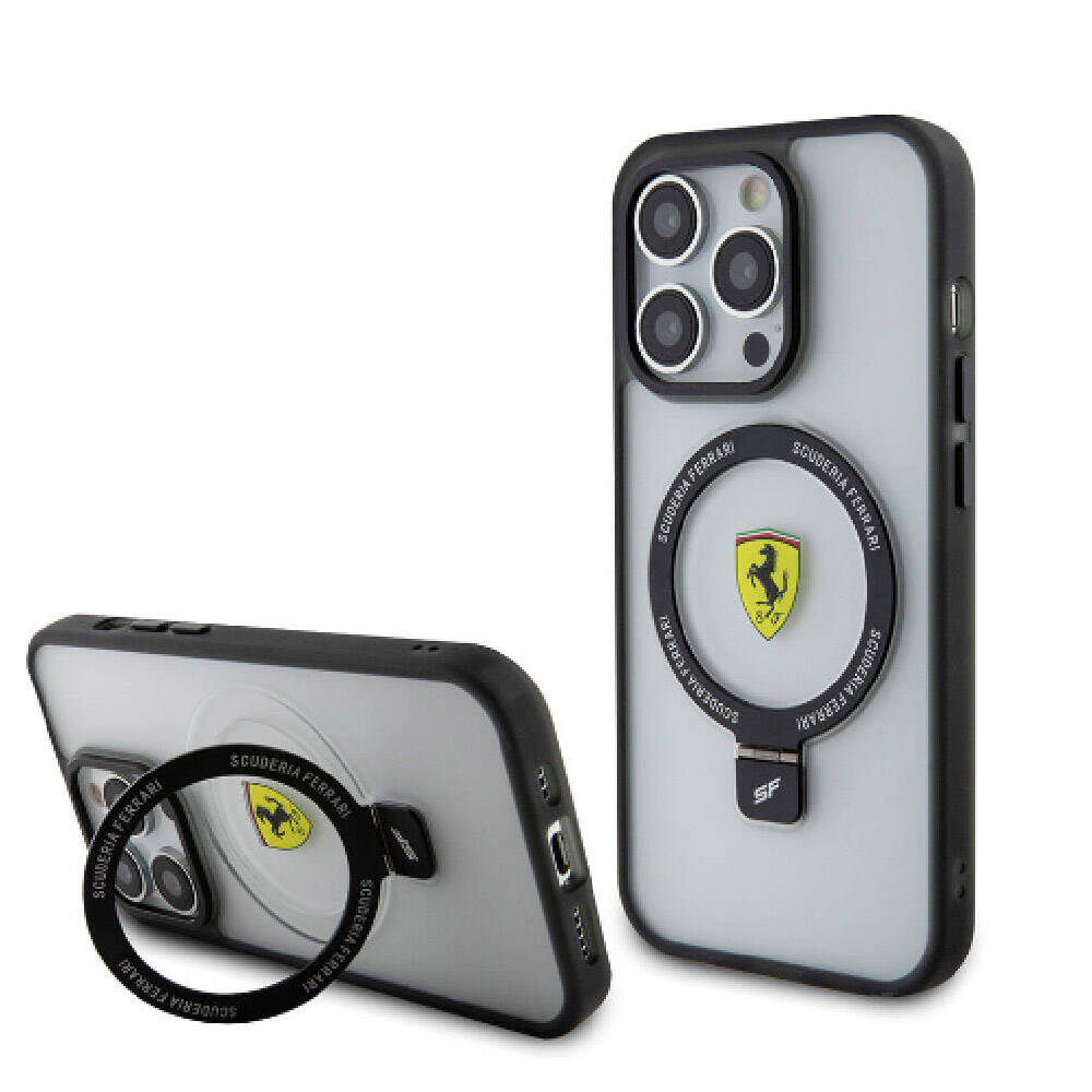 iPhone 15 Pro Kılıf Ferrari M-safe Şarj Özellikli Standlı Buzlu Yüzey Dizayn Kılıf