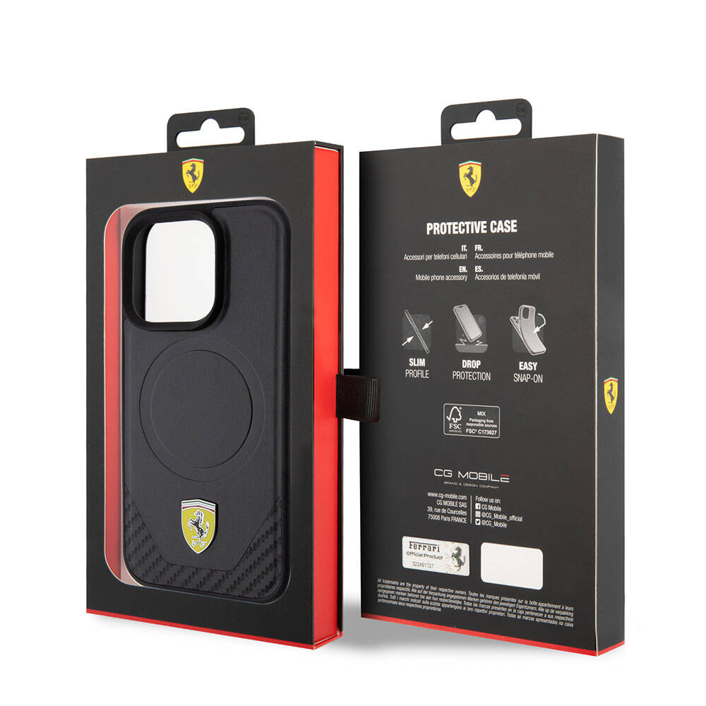 iPhone 15 Pro Kılıf Ferrari orijinal Lisanslı M-safe Şarj Özellikli Metal Logolu PU Karbon Kılıf