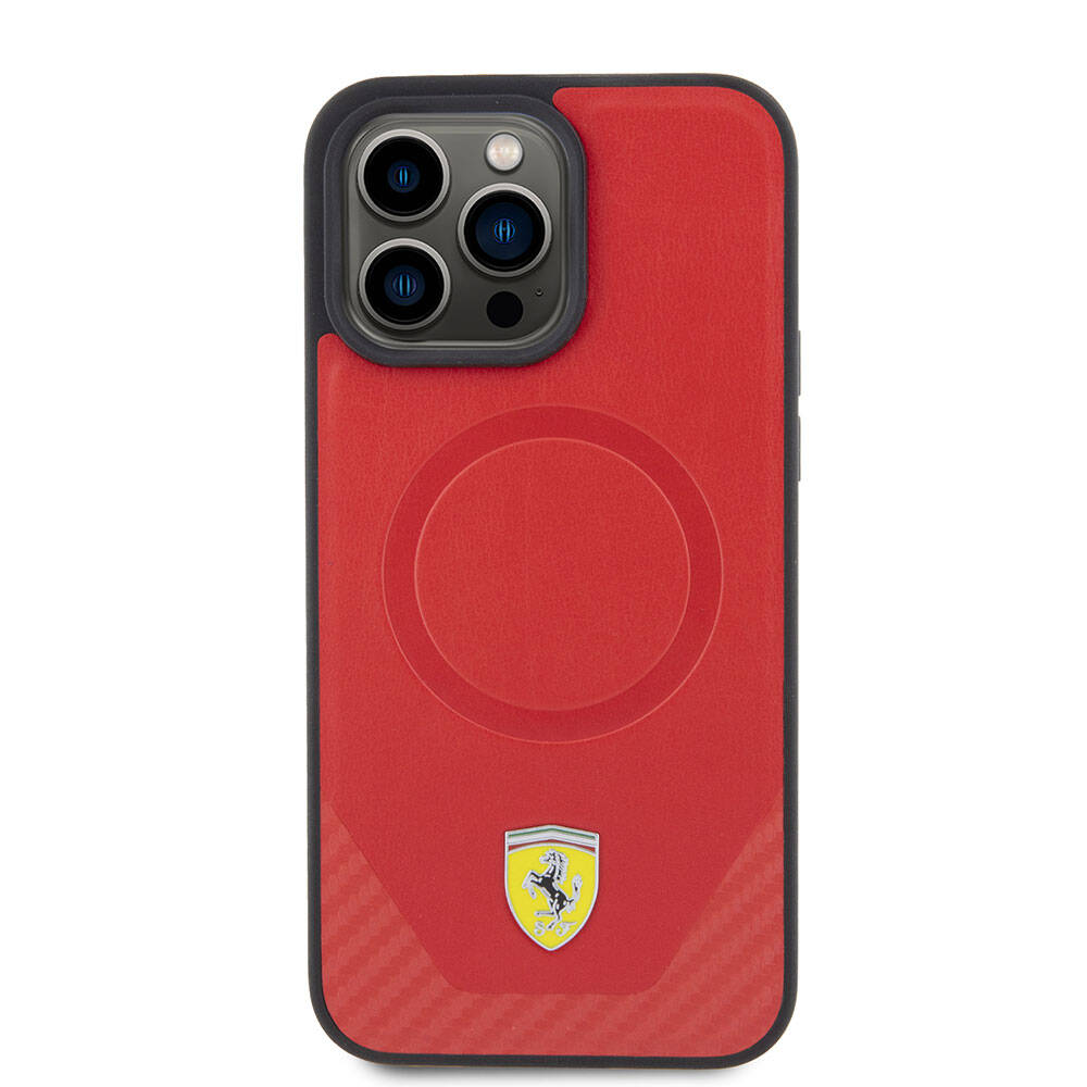 iPhone 15 Pro Kılıf Ferrari orijinal Lisanslı M-safe Şarj Özellikli Metal Logolu PU Karbon Kılıf