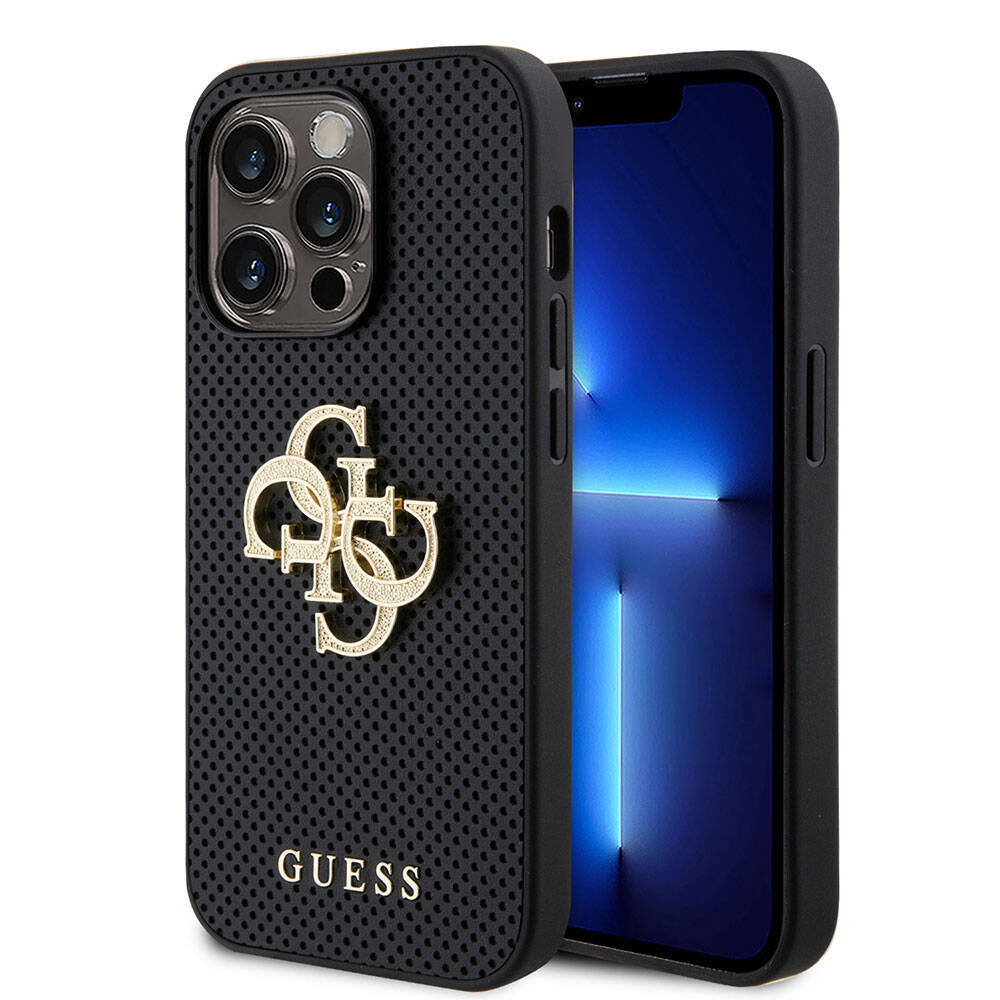 iPhone 15 Pro Kılıf Guess Orijinal Lisanslı Delikli Yazı ve 4G Glitter Büyük Metal Logolu Kılıf