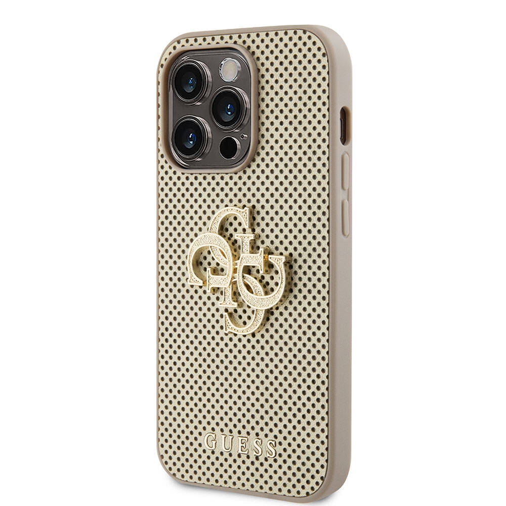 iPhone 15 Pro Kılıf Guess Orijinal Lisanslı Delikli Yazı ve 4G Glitter Büyük Metal Logolu Kılıf