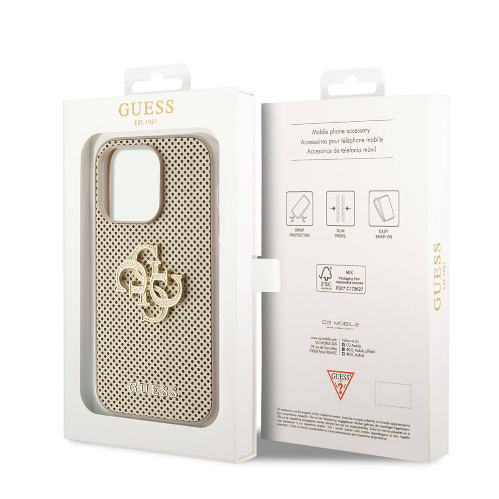 iPhone 15 Pro Kılıf Guess Orijinal Lisanslı Delikli Yazı ve 4G Glitter Büyük Metal Logolu Kılıf