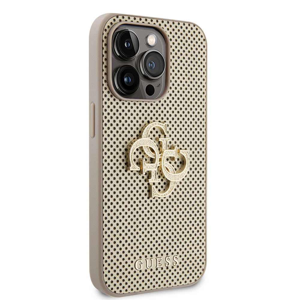 iPhone 15 Pro Kılıf Guess Orijinal Lisanslı Delikli Yazı ve 4G Glitter Büyük Metal Logolu Kılıf