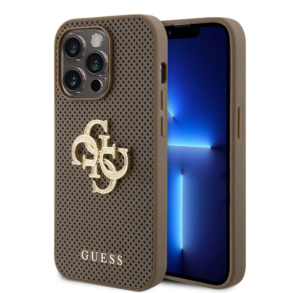 iPhone 15 Pro Kılıf Guess Orijinal Lisanslı Delikli Yazı ve 4G Glitter Büyük Metal Logolu Kılıf