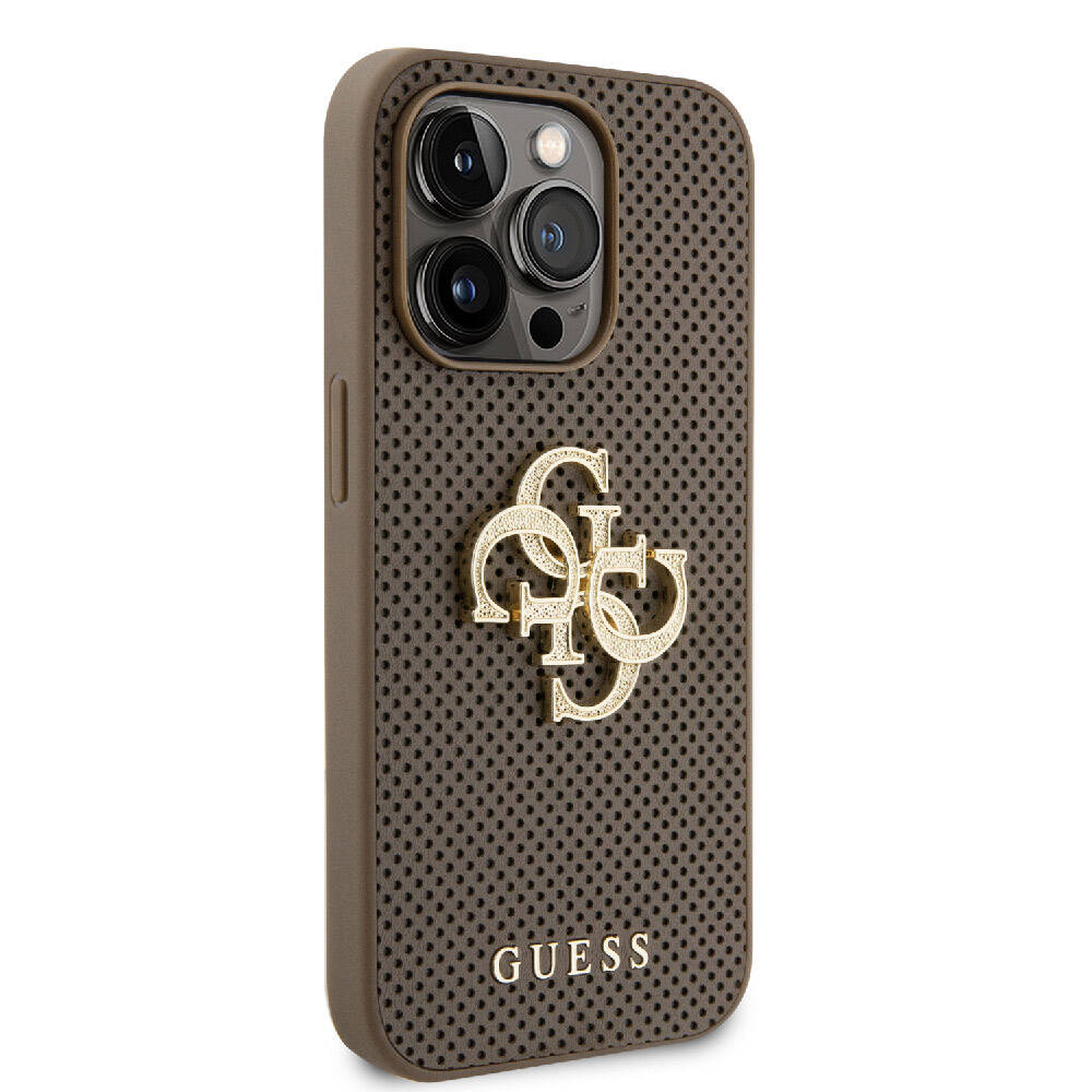 iPhone 15 Pro Kılıf Guess Orijinal Lisanslı Delikli Yazı ve 4G Glitter Büyük Metal Logolu Kılıf