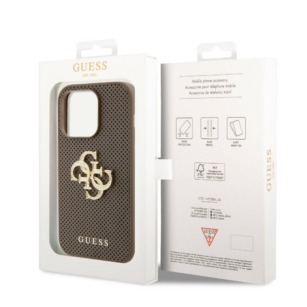 iPhone 15 Pro Kılıf Guess Orijinal Lisanslı Delikli Yazı ve 4G Glitter Büyük Metal Logolu Kılıf