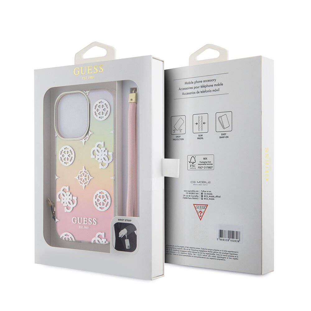 iPhone 15 Pro Kılıf Guess Orijinal Lisanslı Desenli Yazı Logolu Askı İpli Holografik Glitter Peony Kılıf