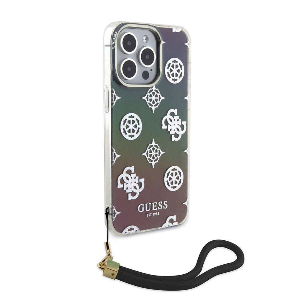 iPhone 15 Pro Kılıf Guess Orijinal Lisanslı Desenli Yazı Logolu Askı İpli Holografik Glitter Peony Kılıf