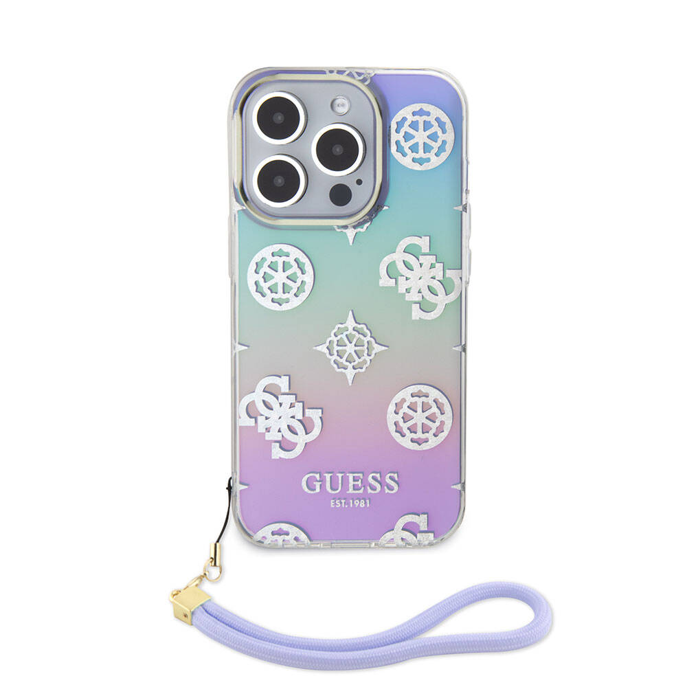 iPhone 15 Pro Kılıf Guess Orijinal Lisanslı Desenli Yazı Logolu Askı İpli Holografik Glitter Peony Kılıf