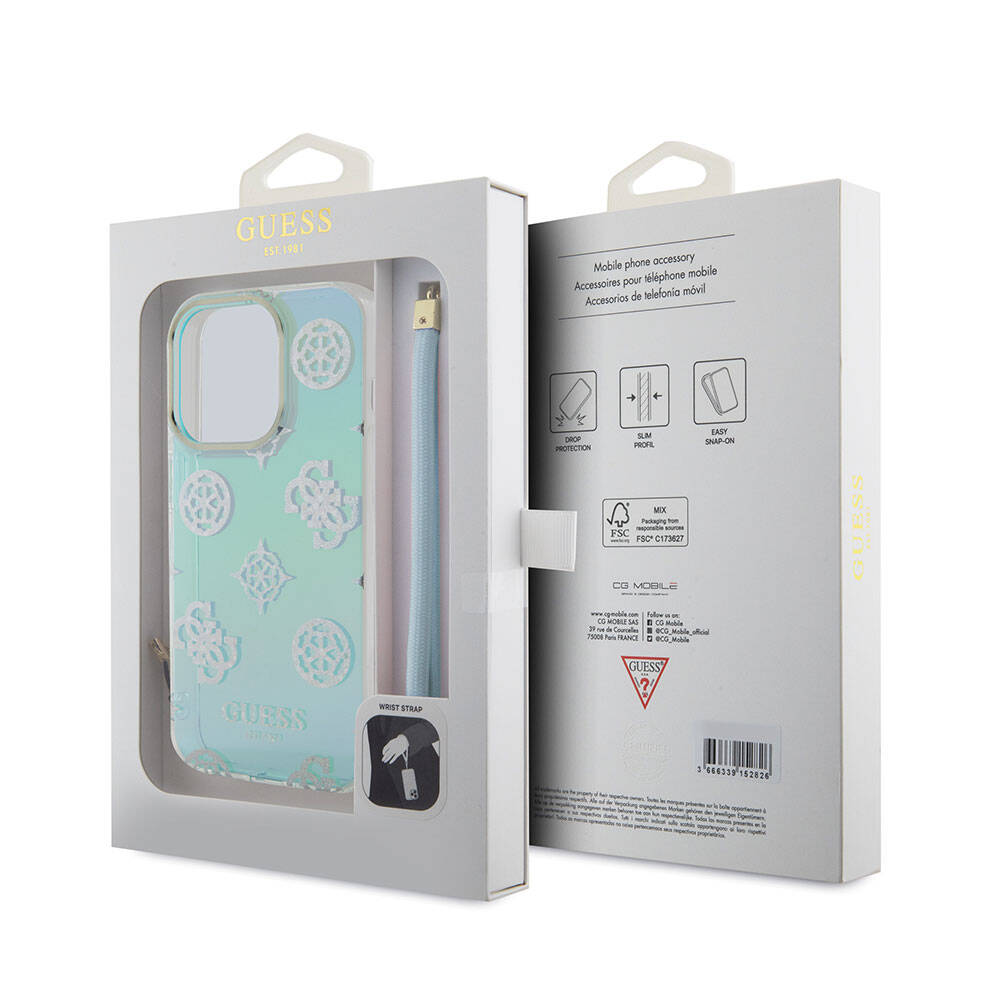 iPhone 15 Pro Kılıf Guess Orijinal Lisanslı Desenli Yazı Logolu Askı İpli Holografik Glitter Peony Kılıf