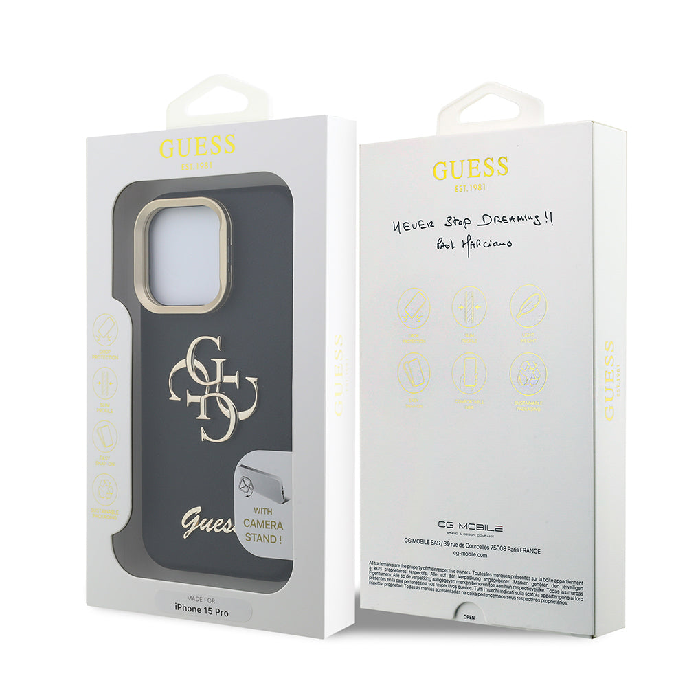 iPhone 15 Pro Kılıf Guess Orijinal Lisanslı Grained Yazı Logolu Kamera Standlı Kılıf