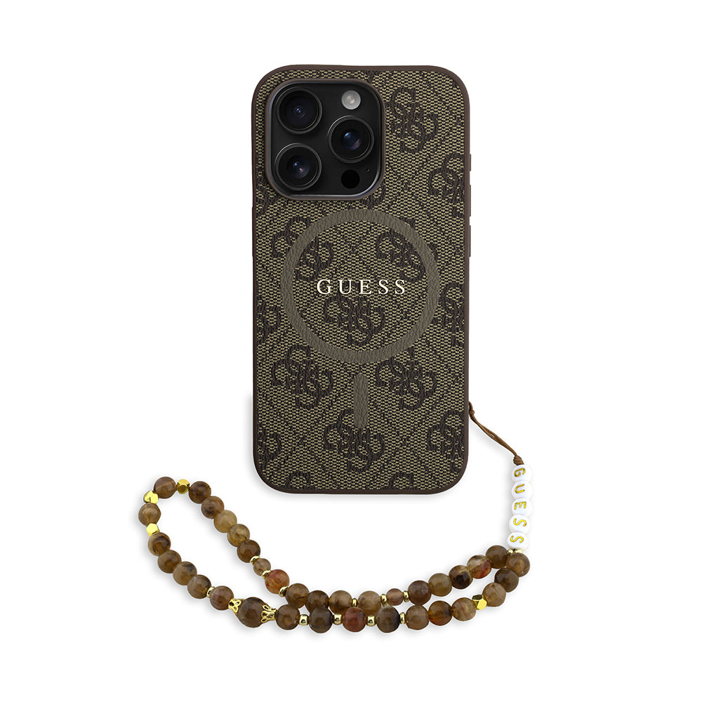 iPhone 15 Pro Kılıf Guess Orijinal Lisanslı M-safe Şarj Özellikli PU Deri Bilek Askı İpli Yazı Logolu Kılıf