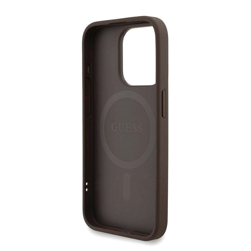 iPhone 15 Pro Kılıf Guess Orijinal Lisanslı M-safe Şarj Özellikli PU Deri Bilek Askı İpli Yazı Logolu Kılıf