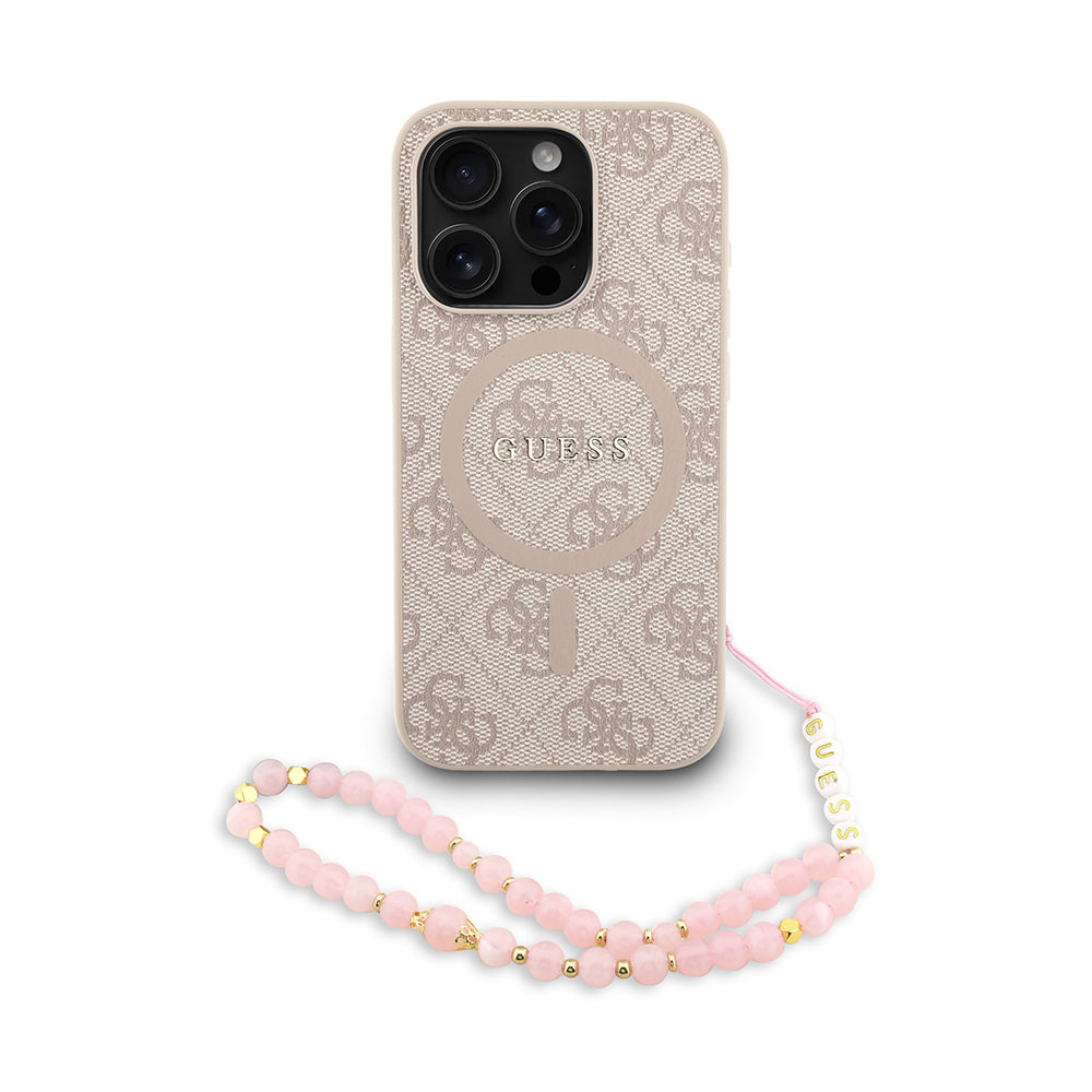 iPhone 15 Pro Kılıf Guess Orijinal Lisanslı M-safe Şarj Özellikli PU Deri Bilek Askı İpli Yazı Logolu Kılıf