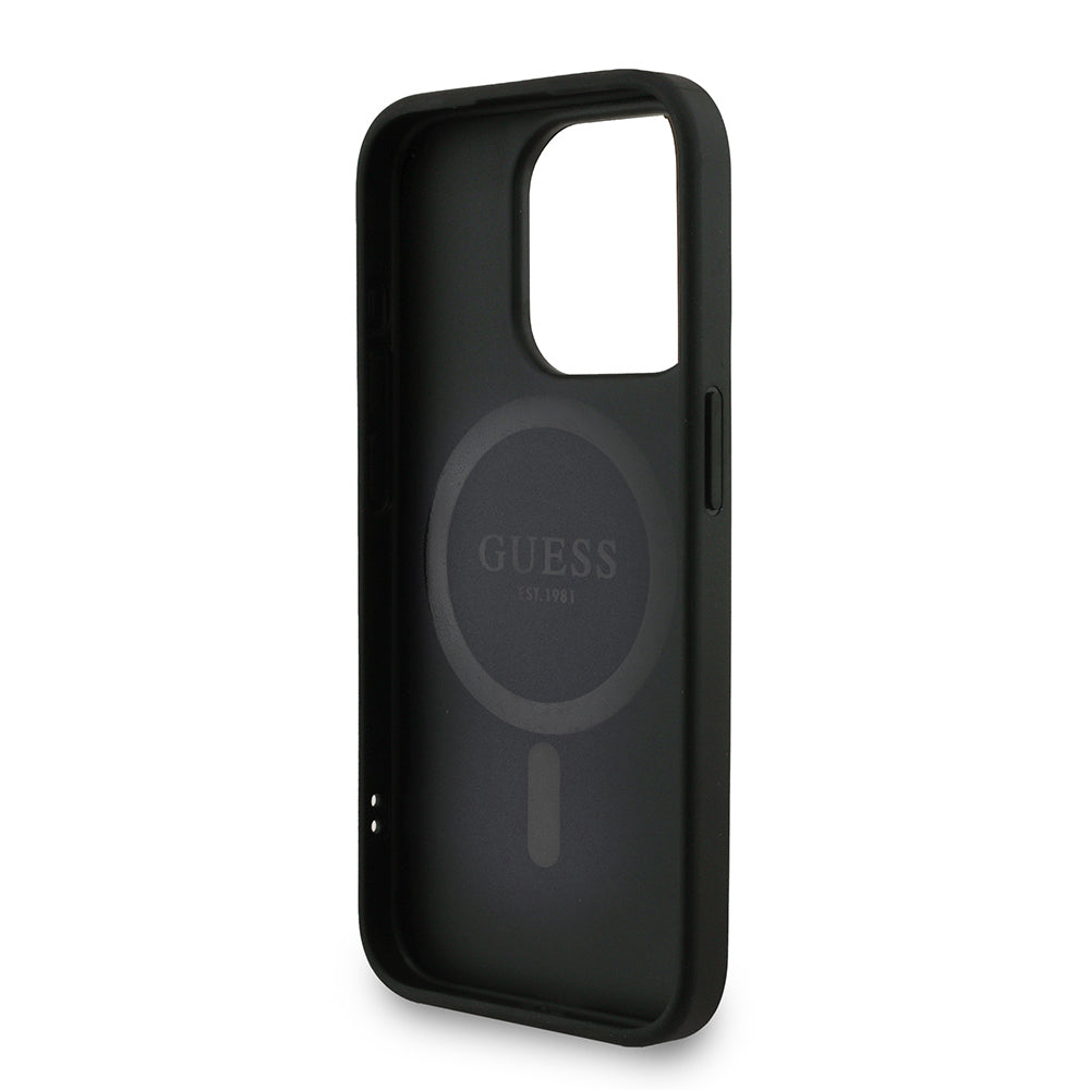 iPhone 15 Pro Kılıf Guess Orijinal Lisanslı M-safe Şarj Özellikli PU Deri Bilek Askı İpli Yazı Logolu Kılıf