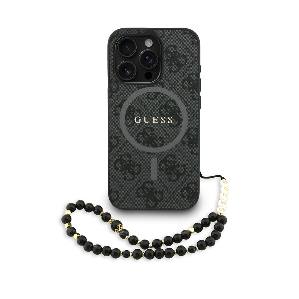 iPhone 15 Pro Kılıf Guess Orijinal Lisanslı M-safe Şarj Özellikli PU Deri Bilek Askı İpli Yazı Logolu Kılıf