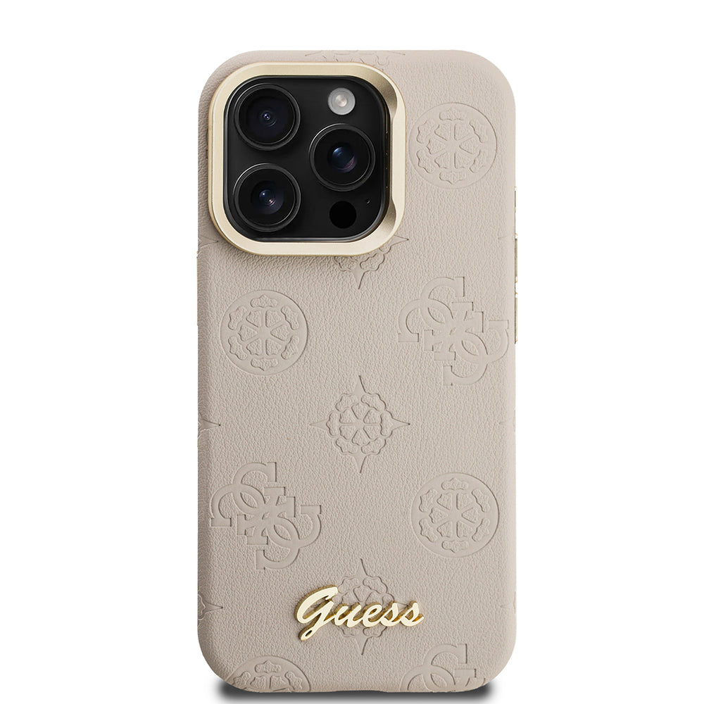 iPhone 15 Pro Kılıf Guess Orijinal Lisanslı M-safe Şarj Özellikli Sıcak Baskılı Yazı Logolu Kamera Standlı PU Deri Peony Kılıf