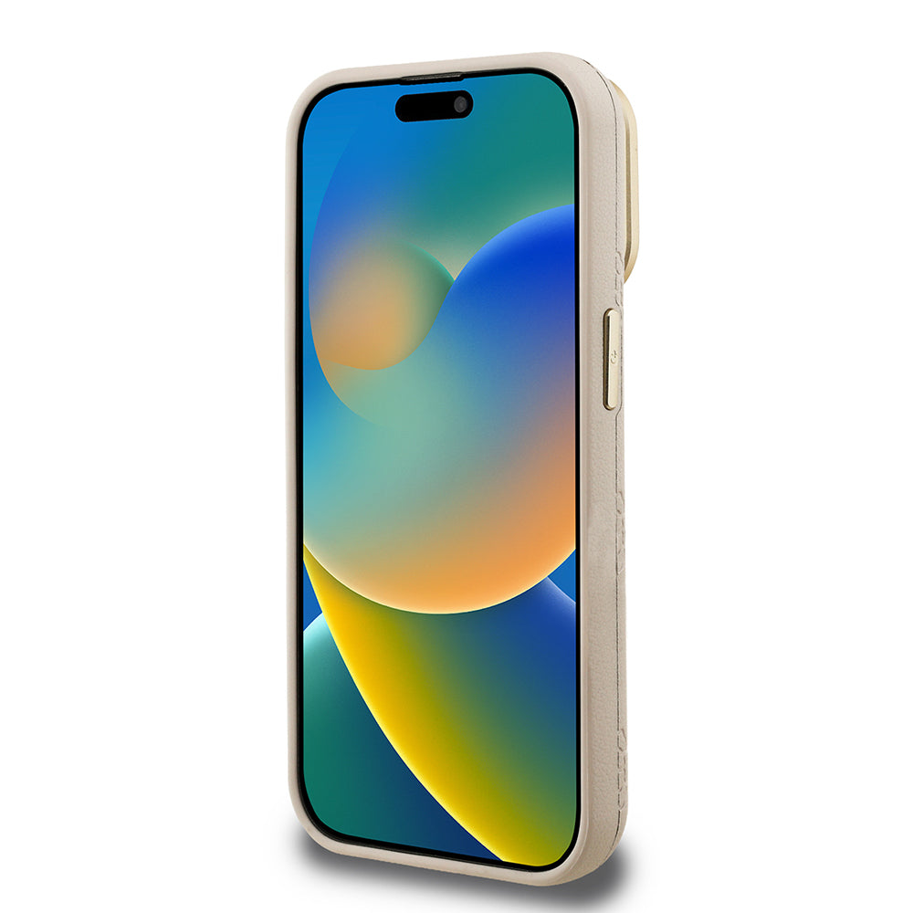 iPhone 15 Pro Kılıf Guess Orijinal Lisanslı M-safe Şarj Özellikli Sıcak Baskılı Yazı Logolu Kamera Standlı PU Deri Peony Kılıf