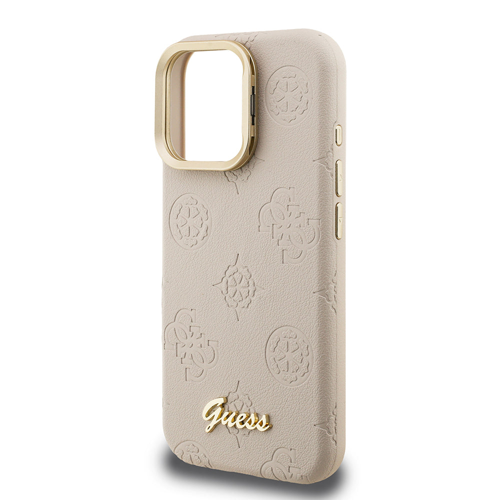 iPhone 15 Pro Kılıf Guess Orijinal Lisanslı M-safe Şarj Özellikli Sıcak Baskılı Yazı Logolu Kamera Standlı PU Deri Peony Kılıf