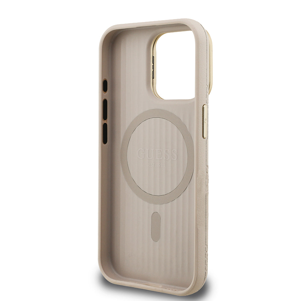 iPhone 15 Pro Kılıf Guess Orijinal Lisanslı M-safe Şarj Özellikli Sıcak Baskılı Yazı Logolu Kamera Standlı PU Deri Peony Kılıf