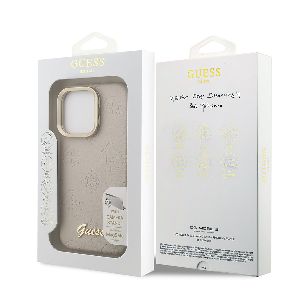 iPhone 15 Pro Kılıf Guess Orijinal Lisanslı M-safe Şarj Özellikli Sıcak Baskılı Yazı Logolu Kamera Standlı PU Deri Peony Kılıf