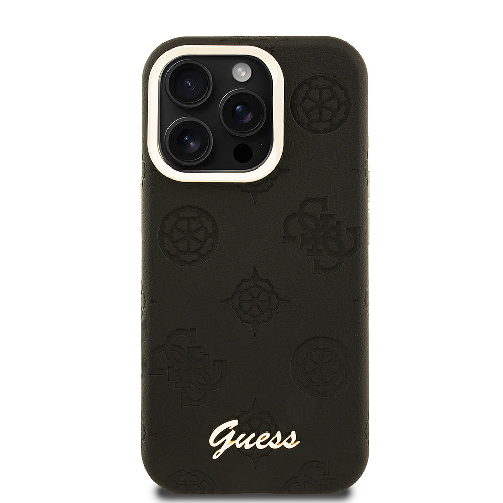 iPhone 15 Pro Kılıf Guess Orijinal Lisanslı M-safe Şarj Özellikli Sıcak Baskılı Yazı Logolu Kamera Standlı PU Deri Peony Kılıf