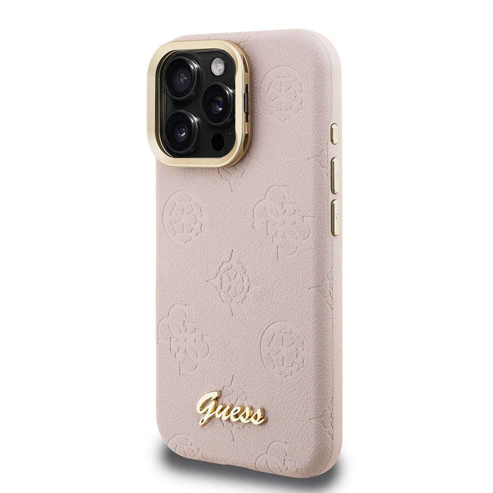 iPhone 15 Pro Kılıf Guess Orijinal Lisanslı M-safe Şarj Özellikli Sıcak Baskılı Yazı Logolu Kamera Standlı PU Deri Peony Kılıf