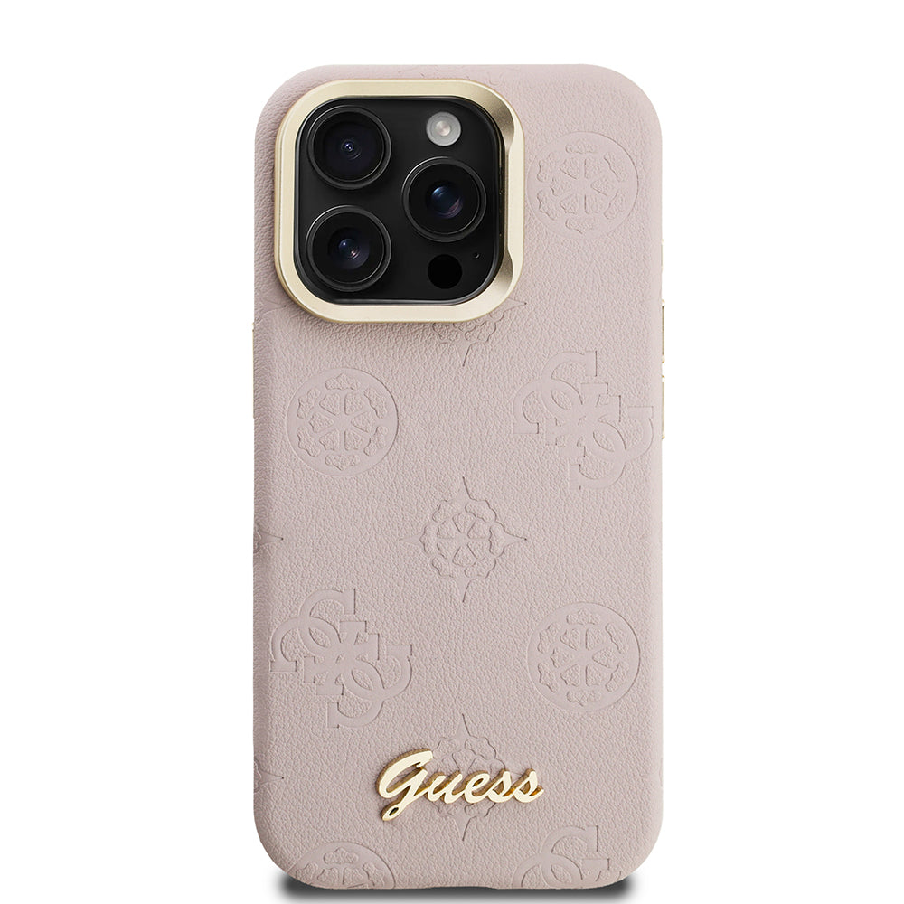 iPhone 15 Pro Kılıf Guess Orijinal Lisanslı M-safe Şarj Özellikli Sıcak Baskılı Yazı Logolu Kamera Standlı PU Deri Peony Kılıf