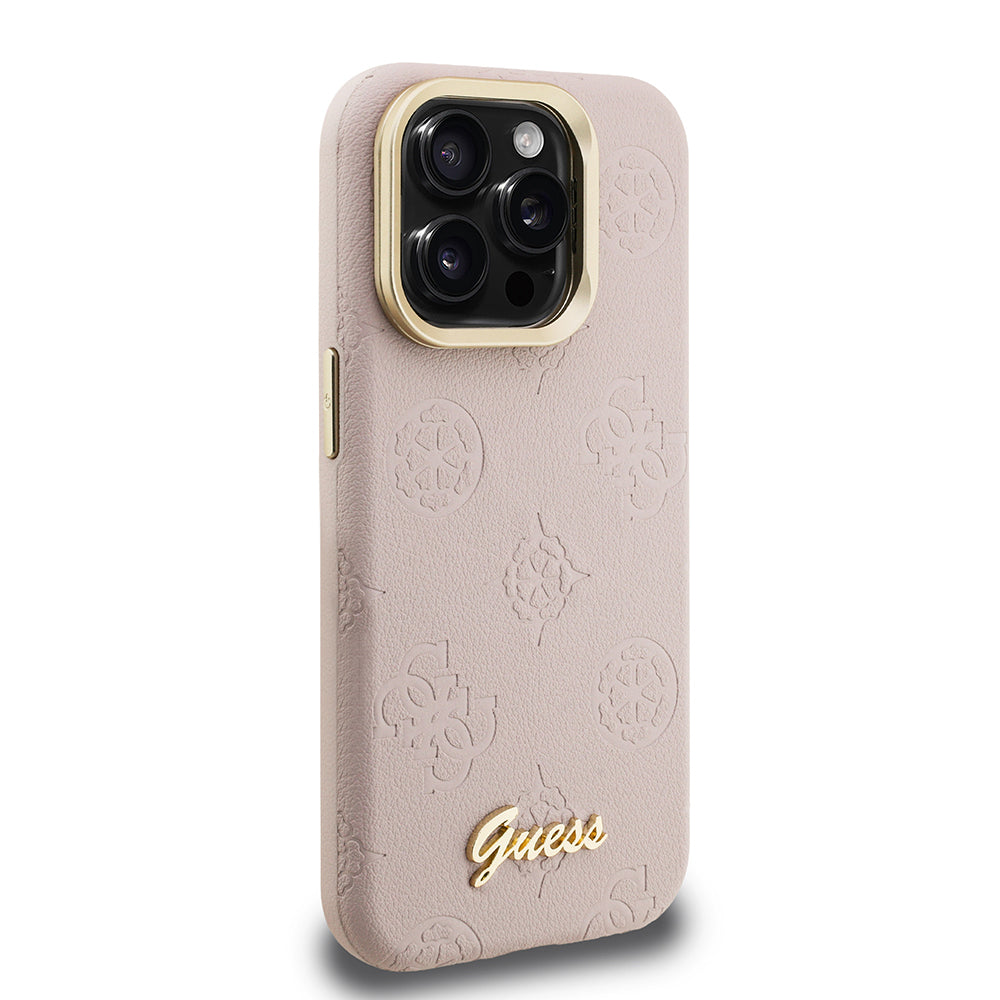 iPhone 15 Pro Kılıf Guess Orijinal Lisanslı M-safe Şarj Özellikli Sıcak Baskılı Yazı Logolu Kamera Standlı PU Deri Peony Kılıf