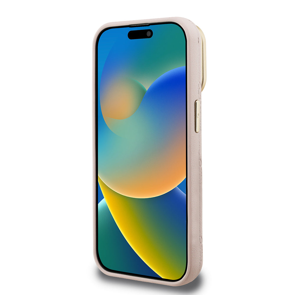 iPhone 15 Pro Kılıf Guess Orijinal Lisanslı M-safe Şarj Özellikli Sıcak Baskılı Yazı Logolu Kamera Standlı PU Deri Peony Kılıf