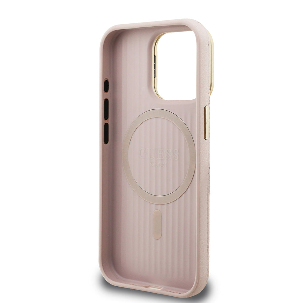 iPhone 15 Pro Kılıf Guess Orijinal Lisanslı M-safe Şarj Özellikli Sıcak Baskılı Yazı Logolu Kamera Standlı PU Deri Peony Kılıf