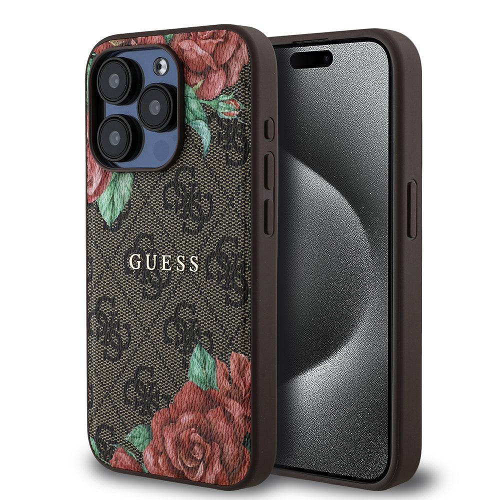 iPhone 15 Pro Kılıf Guess Orijinal Lisanslı M-safe Şarj Özellikli Gül Baskılı 4G Desenli Yazı Logolu Kılıf