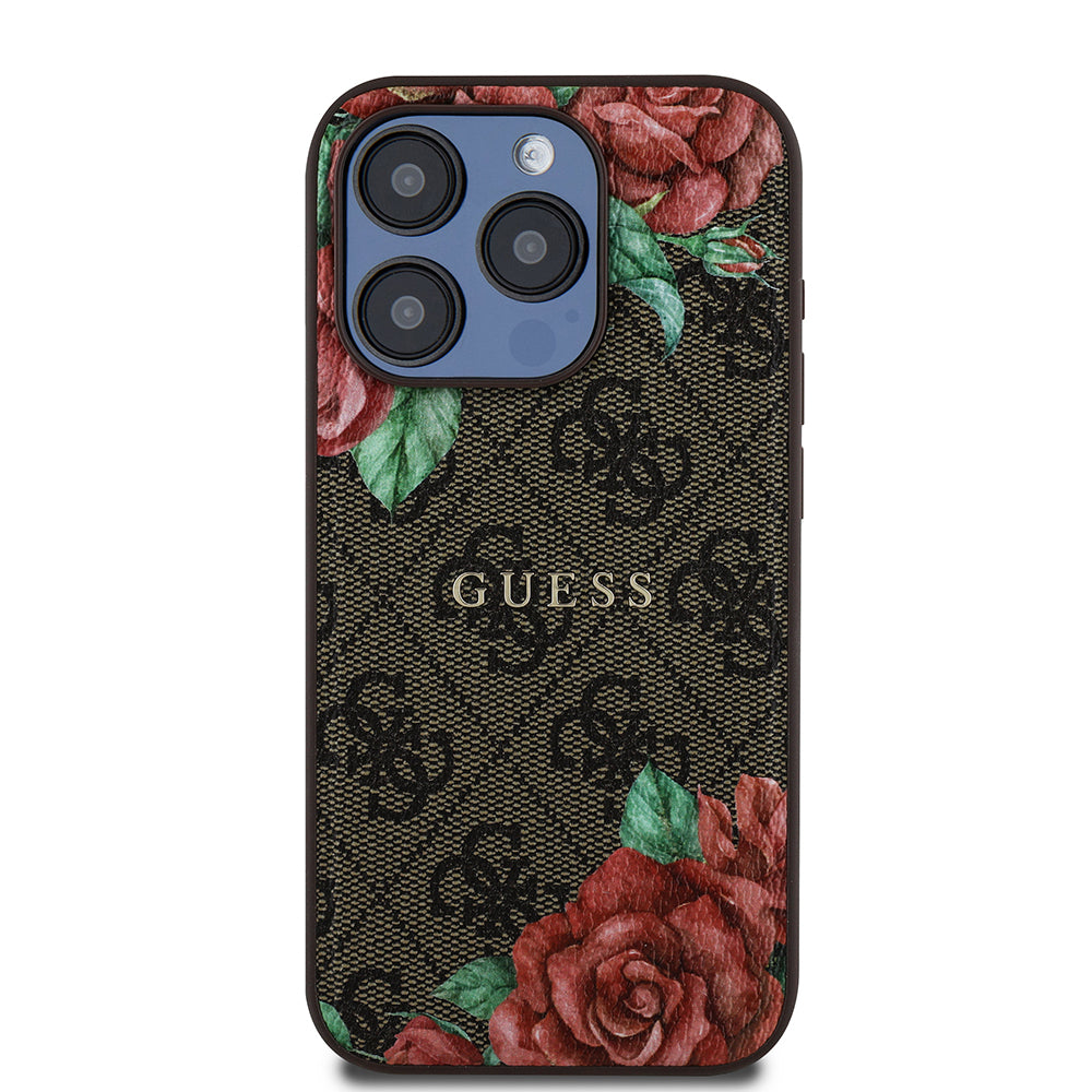 iPhone 15 Pro Kılıf Guess Orijinal Lisanslı M-safe Şarj Özellikli Gül Baskılı 4G Desenli Yazı Logolu Kılıf