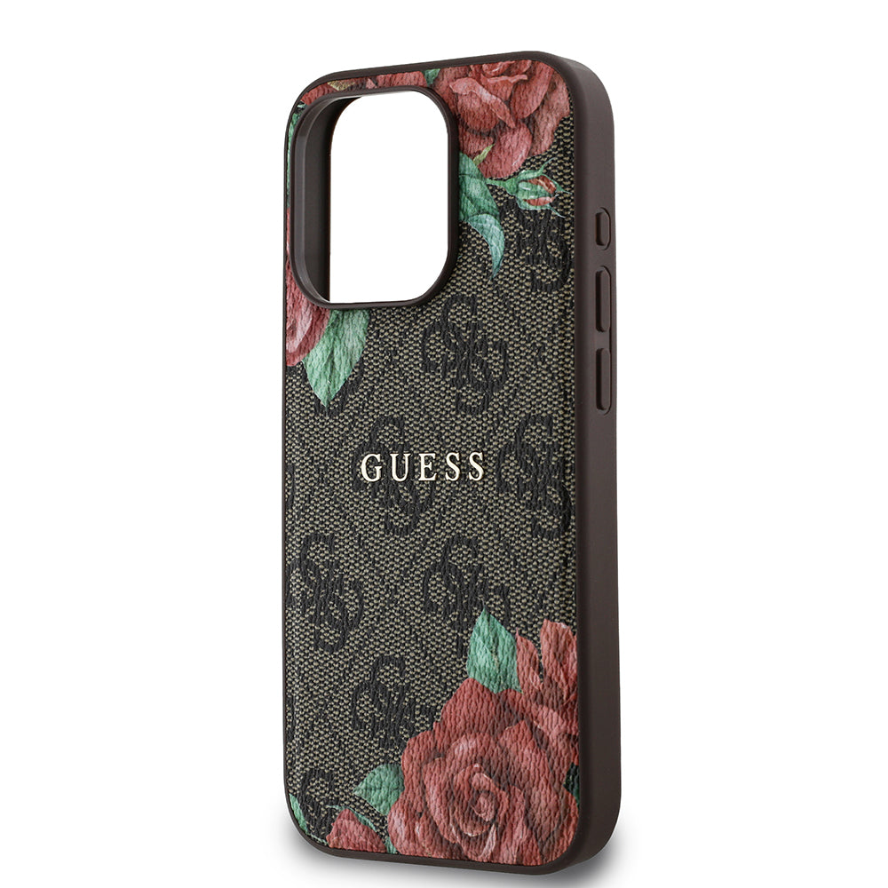 iPhone 15 Pro Kılıf Guess Orijinal Lisanslı M-safe Şarj Özellikli Gül Baskılı 4G Desenli Yazı Logolu Kılıf