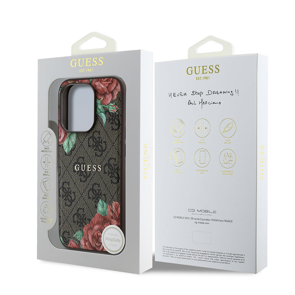 iPhone 15 Pro Kılıf Guess Orijinal Lisanslı M-safe Şarj Özellikli Gül Baskılı 4G Desenli Yazı Logolu Kılıf