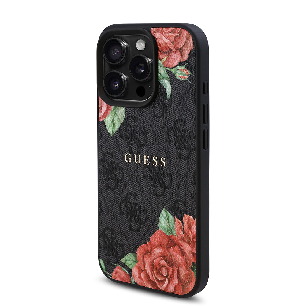 iPhone 15 Pro Kılıf Guess Orijinal Lisanslı M-safe Şarj Özellikli Gül Baskılı 4G Desenli Yazı Logolu Kılıf