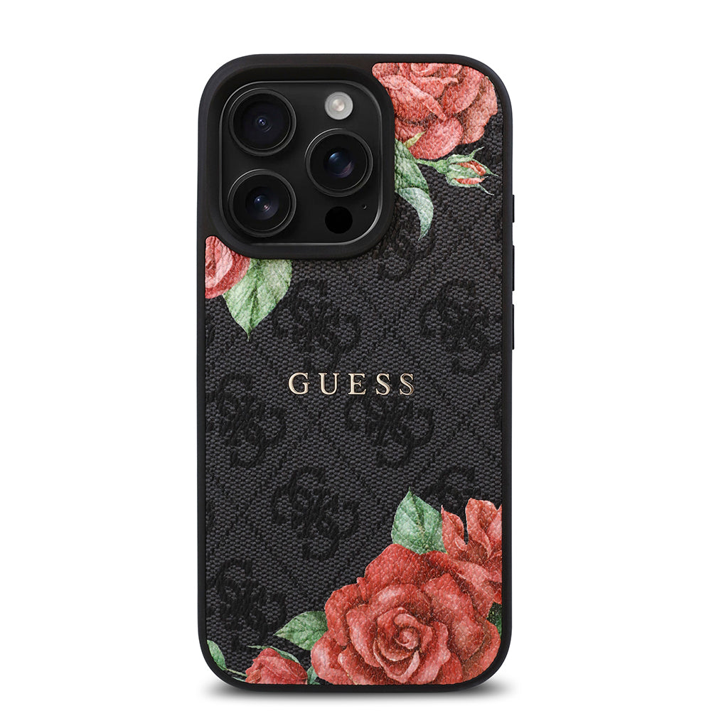 iPhone 15 Pro Kılıf Guess Orijinal Lisanslı M-safe Şarj Özellikli Gül Baskılı 4G Desenli Yazı Logolu Kılıf